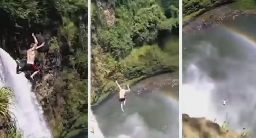 Idiot hopper ud fra gigantisk vandfald - og det går selvfølgelig helt galt