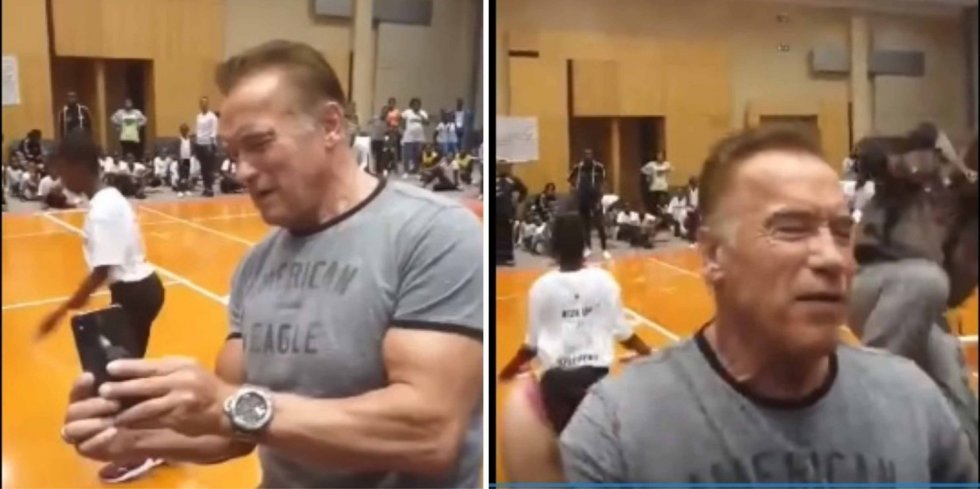 Schwarzenegger bliver dropkicked af fan under presseevent