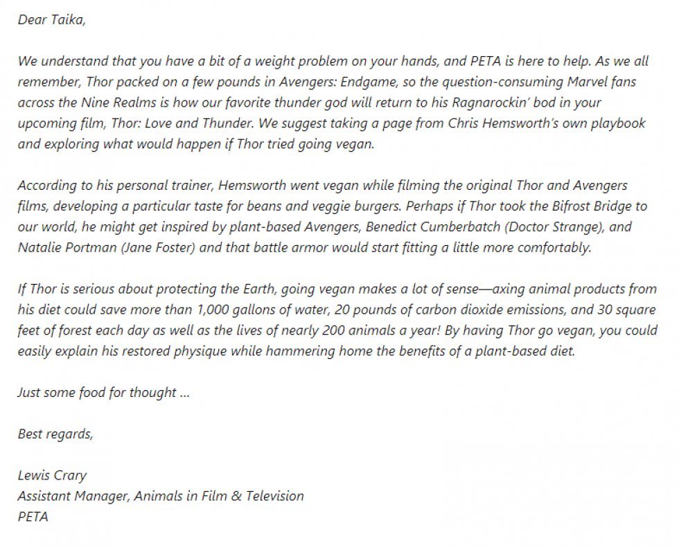 PETA sender brev til Thor-instruktør og opfordrer Fat Thor til at gå vegansk til Thor 4