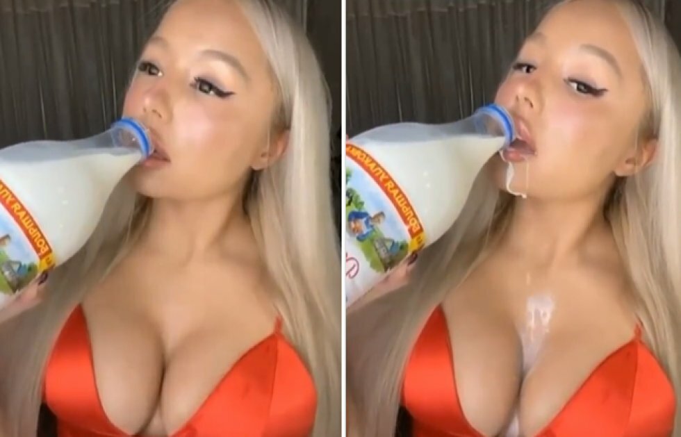 Kvinde spilder mælk på sig selv og pludselig bliver det frækt