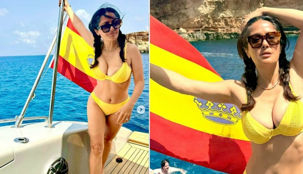 57-årige Salma Hayek fremviser formerne i nyt Instagram-opslag: "Gul bikini + gråt hår = den perfekte kombination"