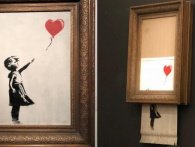 Banksy-kunstværk selvdestruerede under auktion efter at være solgt for 9 millioner kroner